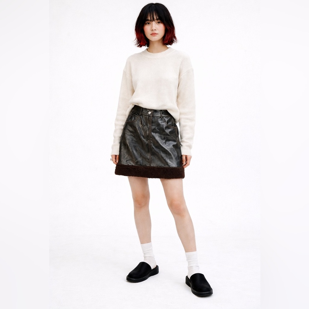 Nocturne Faux Leather Mini Skirt XS Shearling Trim Black Vegan Leather NWT